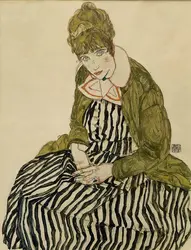 <it>Edith Schiele assise en robe rayée</it>, E. Schiele - crédits : AKG-images