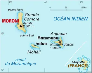 Comores : carte physique - crédits : Encyclopædia Universalis France