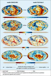 Exemples d’images tomographiques du manteau terrestre - crédits : Sources : modèles tomographiques SEMUCB-WM1 et TX2019-slab-S mis en forme par le logiciel  libre SubMachine ; adaptation : EUF