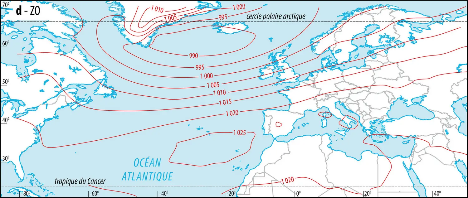 <p>	Cartes de pression dans l'Atlantique nord en hiver - vue 4</p>