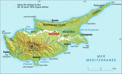 Chypre : carte physique - crédits : Encyclopædia Universalis France