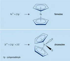 Catalyseurs métallocènes : ferrocène et zirconocène - crédits : Encyclopædia Universalis France