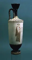 Peintre d'Achille, Femme portant un vase de parfum, lécythe à fond blanc - crédits :  Bridgeman Images 