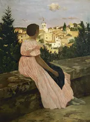 <it>La Robe rose</it>, dit <it>Vue de Castelnau-le-Lez, Hérault</it>, F. Bazille - crédits : Erich Lessing/ AKG-images