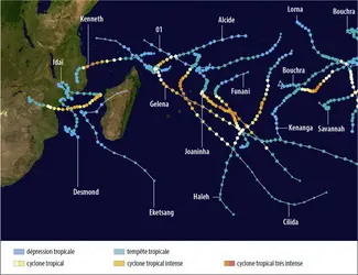 Activité cyclonique dans le sud de l’océan Indien pendant la saison 2018-2019 - crédits : Encyclopædia Universalis France 