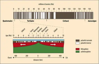 Échelle de polarité géomagnétique correspondant aux 165 derniers millions d’années - crédits : Encyclopædia Universalis France
