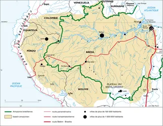 Amazonie : réseau hydrographique et villes - crédits : Encyclopædia Universalis France