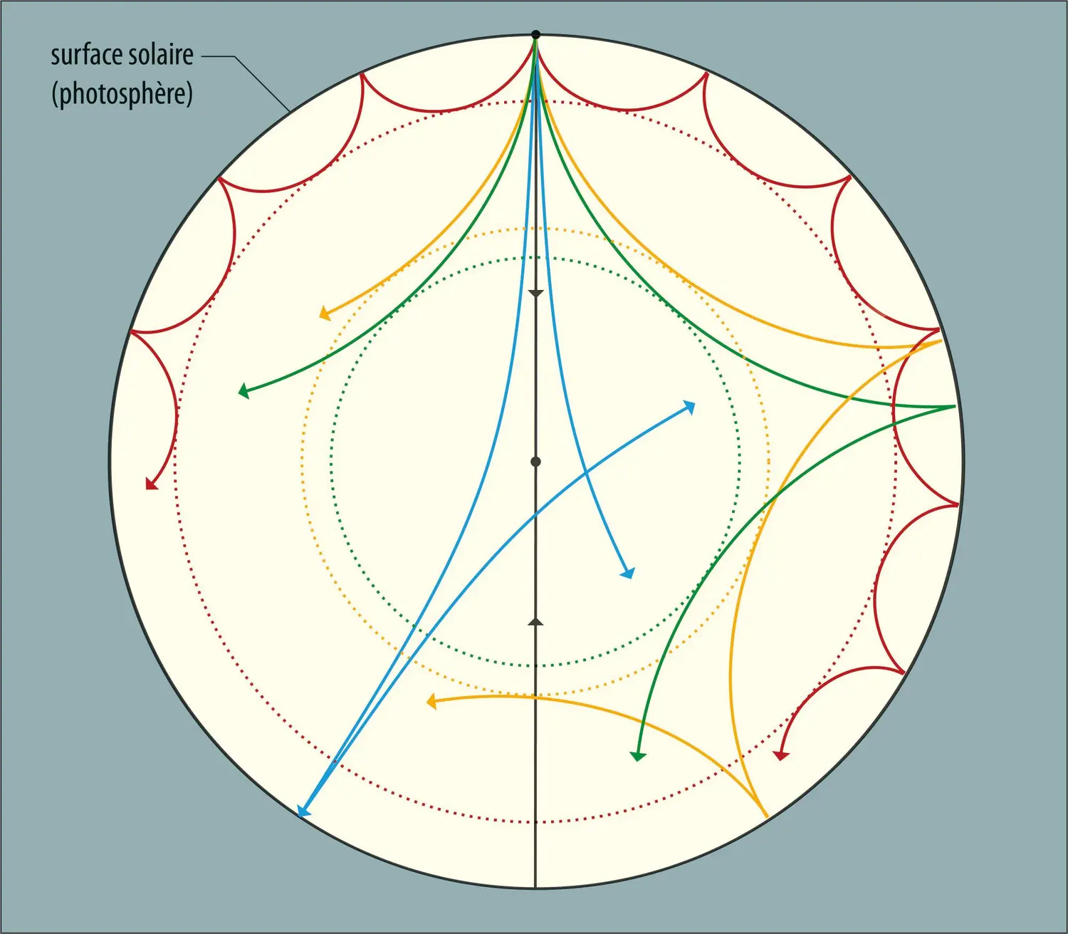 Exemples de trajectoires d’ondes acoustiques à l’intérieur du Soleil