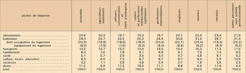 Budget familial par catégorie socio-professionnelle - crédits : Encyclopædia Universalis France