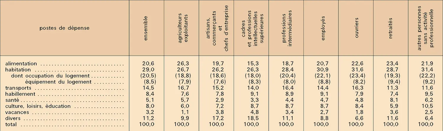 Budget familial par catégorie socio-professionnelle