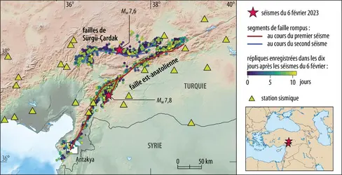 Carte détaillée de la zone des séismes ayant touché la Turquie et la Syrie en février 2023 - crédits : D. Melgar et al., dans Seismica mars 2023 ; CC BY 4.0 (traduction et modifications : EUF)