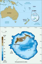 Localisation et carte bathymétrique du volcan Hunga Tonga-Hunga Ha’apai - crédits : Encyclopædia Universalis France