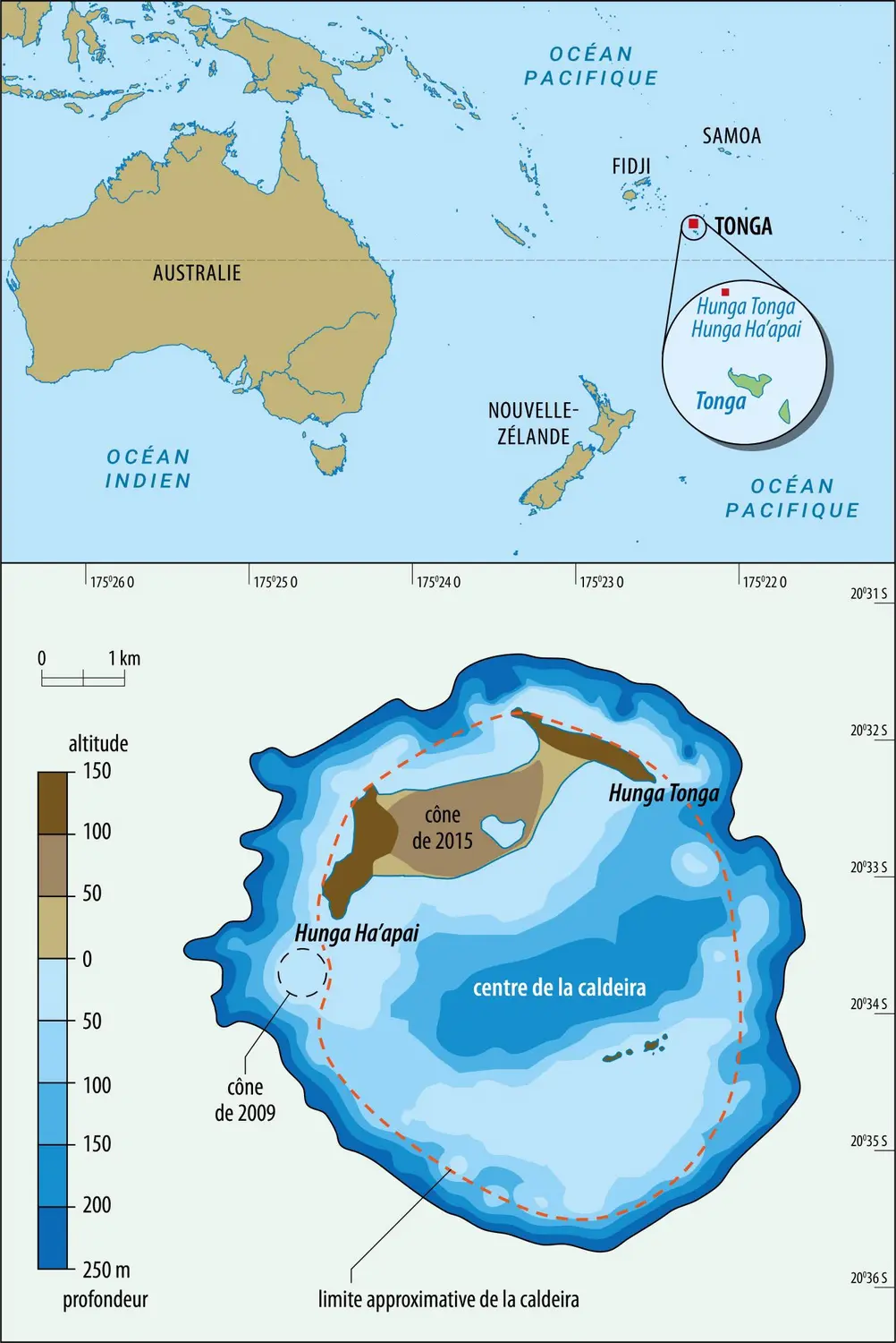 Localisation et carte bathymétrique du volcan Hunga Tonga-Hunga Ha’apai