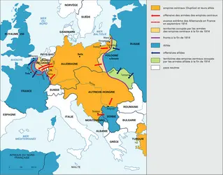Première Guerre, fronts européens en 1914 - crédits : Encyclopædia Universalis France